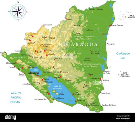 Mapa Físico Muy Detallado De Nicaragua En Formato Vectorial Con Todas