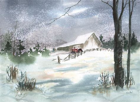 Winter Watercolor Scenes Winter Barn And Tractor Is A Painting By
