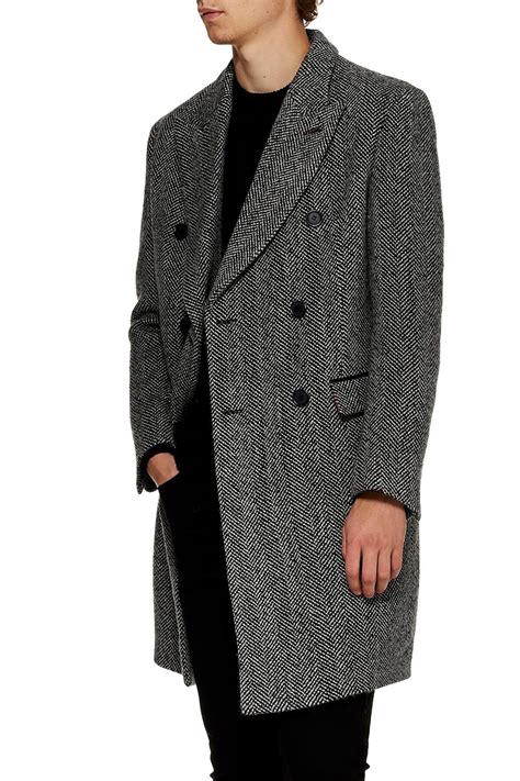 Topman Grey Wool Blend Herringbone Double Breasted Overcoat In Gray For