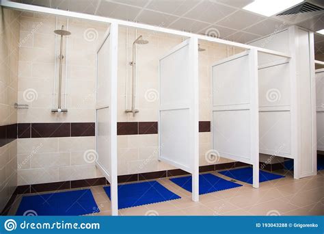 Public Shower Room With Several Showers Big Light Empty Public