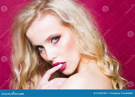 Sexual Pretty Woman Face Closeup Sexual Passionate Blonde Woman With Bare Shoulder Stock Image