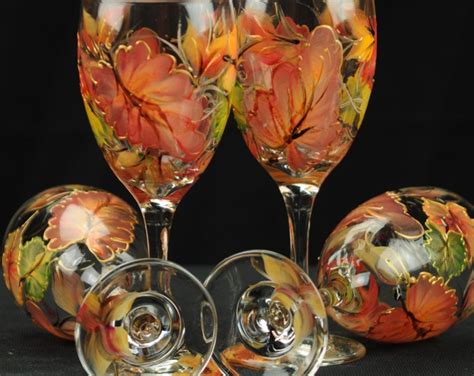 Set Of Four Hand Painted Wine Glasses Colorful Fall Leaves Etsy