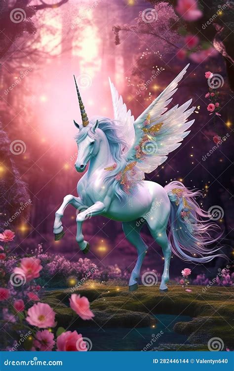 Image Of Unicorn With Wings And Flowers In The Foreground And Forest In