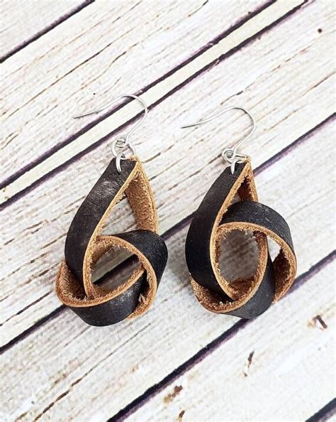Black Leather Earrings Leather Knot Earrings Knotted Leather Etsy