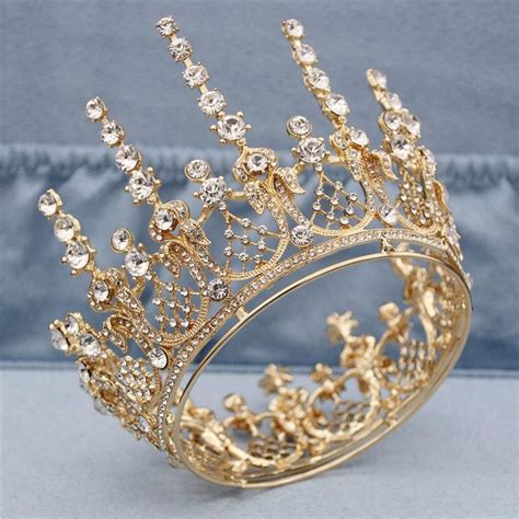 gold full round queen king tiara crown pageant bridal wedding fantasy jewelry pretty