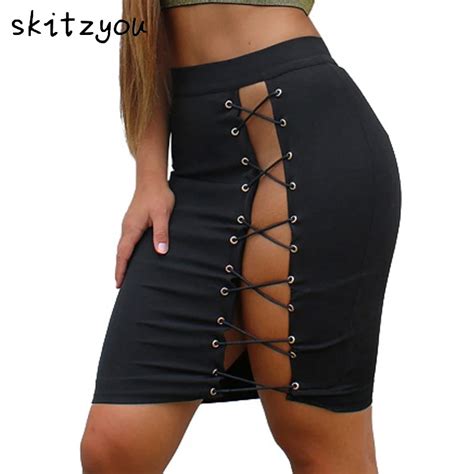 Skitzyou 4 Colors Women Summer Sexy Lace Up High Waist Black Bodycon Mini Skirt Club Party Slim