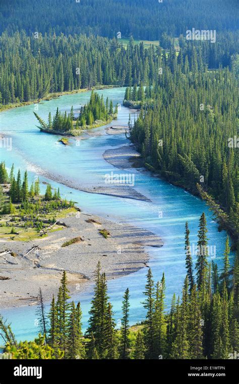 Aerial View Of Bow River Banff National Park Alberta Canada Stock