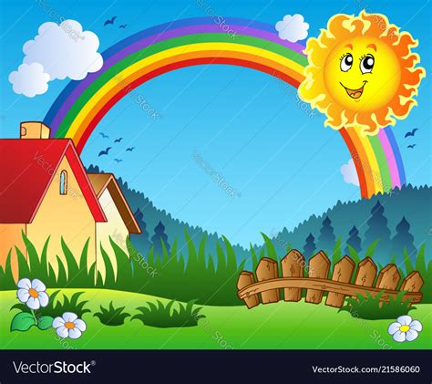 Landscape With Sun And Rainbow Royalty Free Vector Image