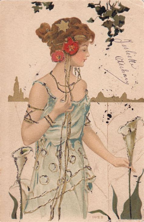 On Sale Paris Postcard Illustrated Art Nouveau Lady With Calla Etsy