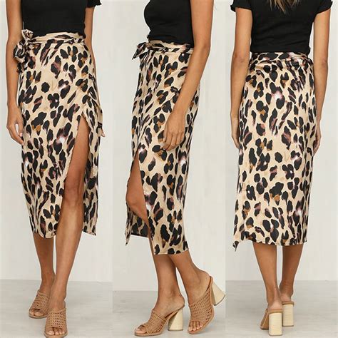 Women Sexy Leopard Printed Skirt High Waist Split Bandage Long Skirts