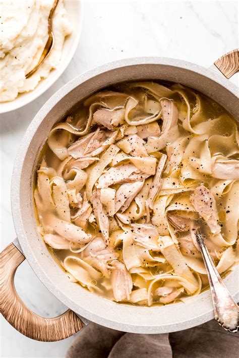 Creamy chicken egg noodle soup. Chicken and Noodles over Mashed Potatoes - Garnish & Glaze