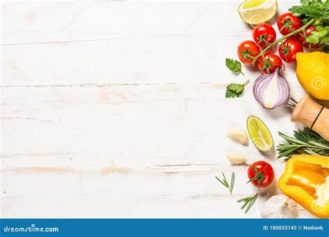 Food Cooking Background On White Wooden Table Stock Image Image Of