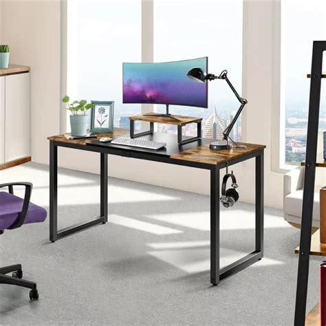Easyfashion Industrial Computer Desk With Monitor Stand Rustic Brown