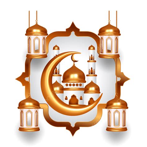 Islamic Ramadan Kareem 3d Masjid Emas Bulan Dan Desain Vektor Lampu Png
