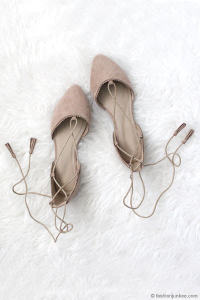 Faux Suede Pointy Toe Strappy Lace Up Ballet Flats Nude Beige