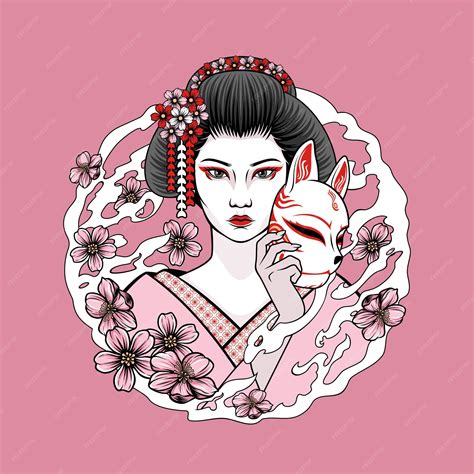 Premium Vector Japanese Girl With Kitsune Mask Vector Illustration
