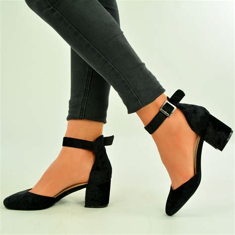 New Womens Ladies Black Velvet Mid Block Heel Ankle Pumps Shoes Size Uk 3 8