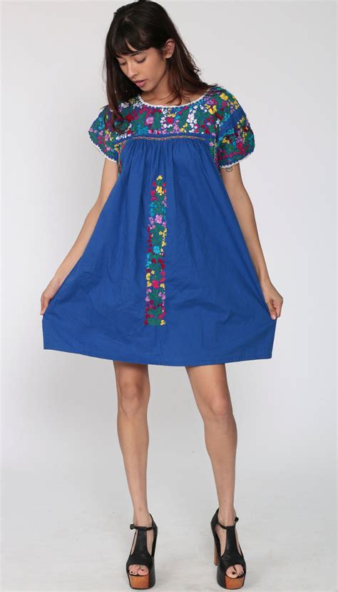 Oaxacan Dress Blue Mexican Dress Embroidered Dress Hippie Boho Mini Dress Ethnic Tent Bohemian