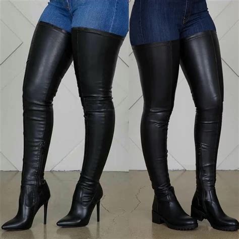 Eur 34 43 Trendy Women Over The Knee Long Boots Flat Heel Pu Leather Lace Up Female Over Knee