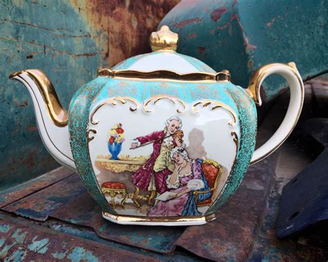 James Sadler England Cube Teapot Gilded Transferware Colonial Musician