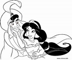 Cuentos infantiles: Aladdin y Jasmine para colorear. Dibujos para imprimir.