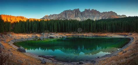 Carezza Lake In Dolomitesn Or Lago Di Carezza With Reflection Of