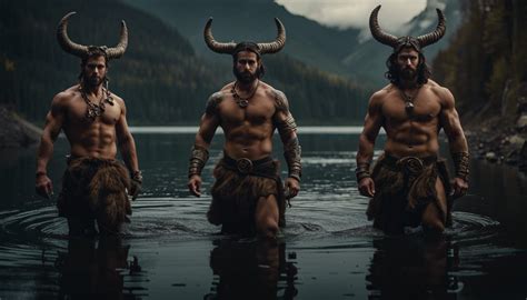 insanely detailed cinematic photography of three handsome satyrs with horns walking in a waist