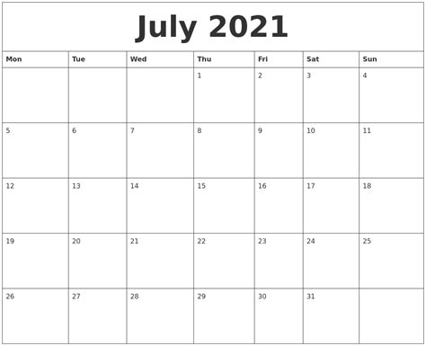 Current events for july 2021: July 2021 Blank Calendar To Print