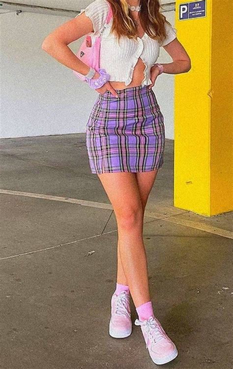 Preppy Aesthetic Outfits Purple Outfits Pastel Purple Soft Girl Plaid Skirts Boho Shorts