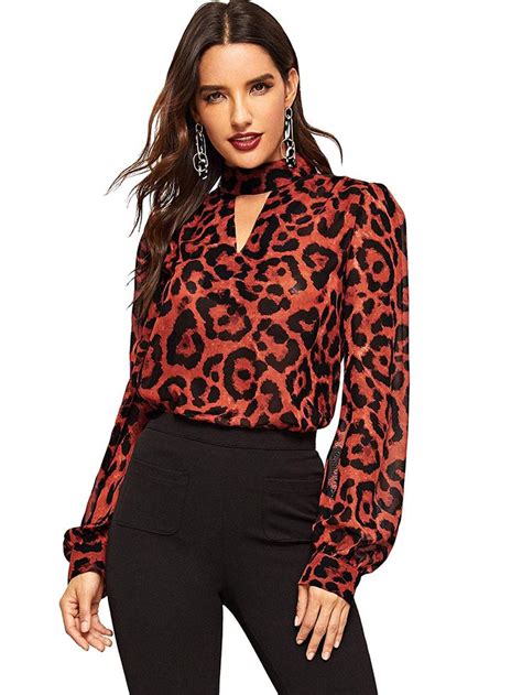 SheIn Women S Choker Neck Long Sleeve Sheer Leopard Print Chiffon