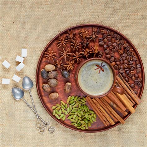 Masala Tea With Various Spices On The Brown Plate Cinnamon Nutmeg