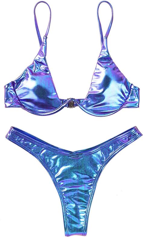 Freebily Womens Shiny Metallic Bikini Set Underwire Bra Top With