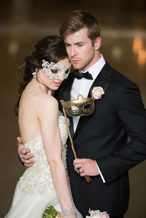 Picture Of A Glam Masquerade Couple In White And Gold Masks