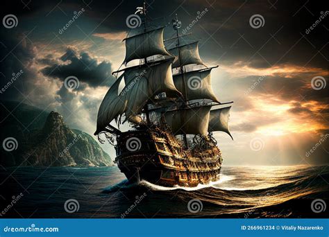 A Huge Pirate Ship Sails On A Stormy Sea Ai Generated Stock
