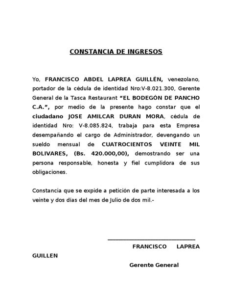 Carta De Ingresos No Comprobables New Sample I