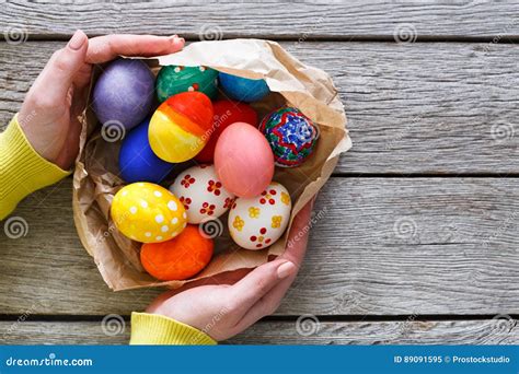 Colorful Easter Eggs On Wood Background Stock Image Image Of