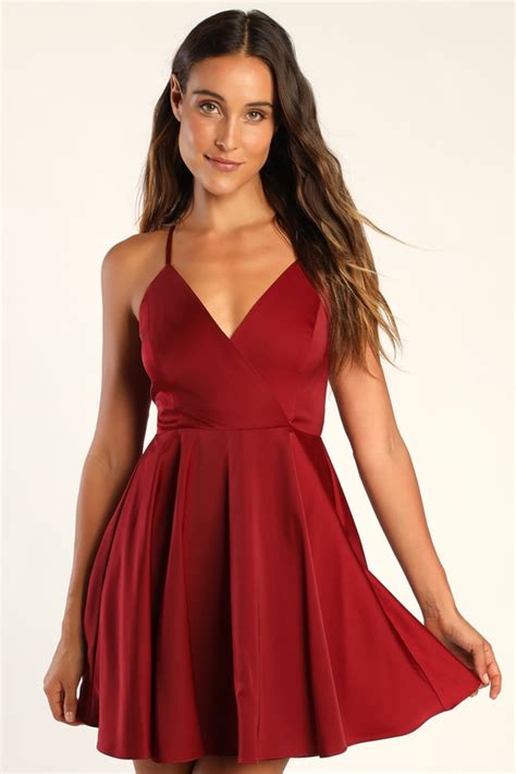 Wine Red Dress Satin Skater Dress Tie Back Mini Dress Lulus
