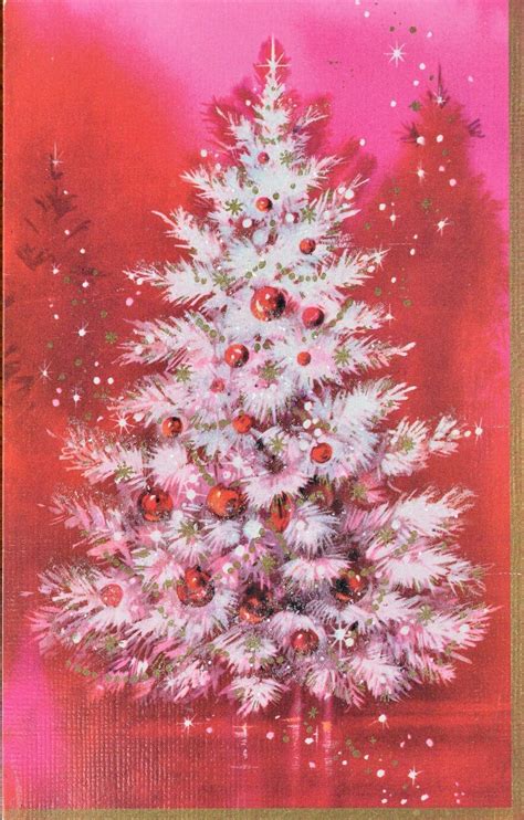Vtg Unused Xmas Glittered Christmas Card Bright Pink On Pink Christmas