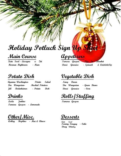 Free Holiday Potluck Sign Up Sheet Template Templates Resume