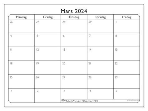 Kalender For Mars 2024 For Utskrift “53sl” Michel Zbinden No