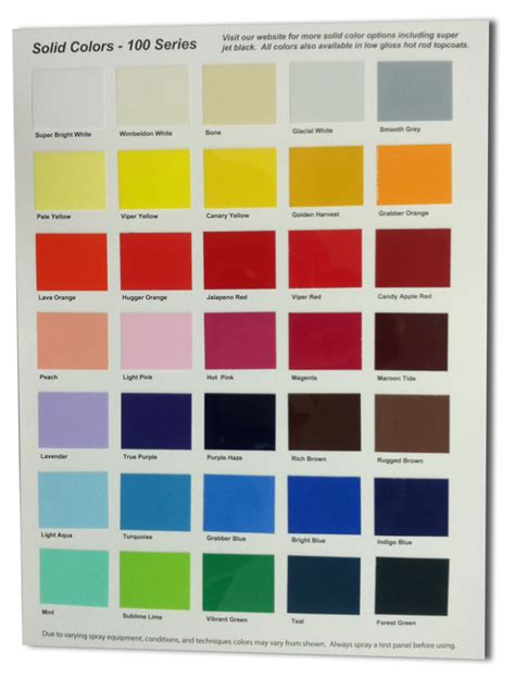 Choose your type of paint as all the colors in the chart are available in acrylic enamel, acrylic lacquer, single stage urethane and basecoat urethane. TheCoatingStore