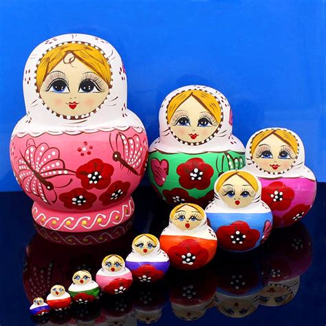 10pcs Set Wooden Russian Nesting Doll Toy Hand Painted Traditional Matryoshka Dolls Home