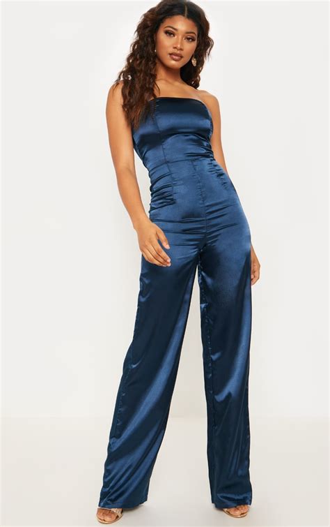 tall navy satin bandeau jumpsuit tall prettylittlething aus