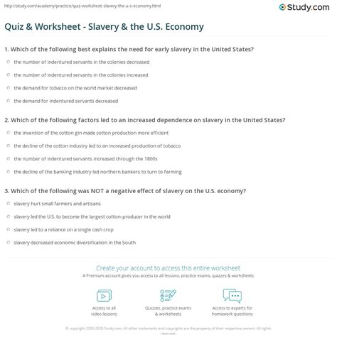 Quiz And Worksheet Slavery And The Us Economy