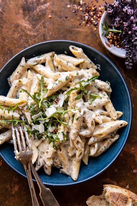 One Pot Creamy Penne Alfredo With Spicy Arugula Half Baked Harvest