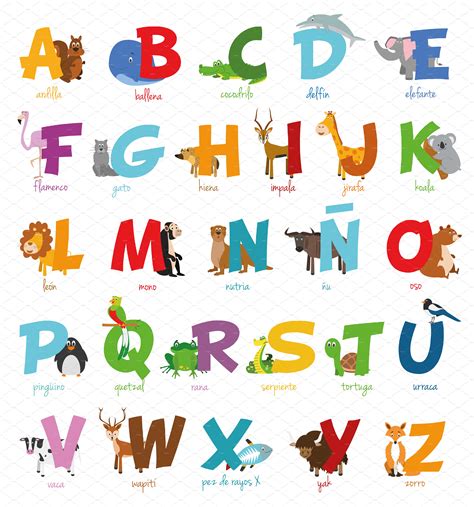 Spanish Animal Alphabet Vector Animal Illustrations Creative Market