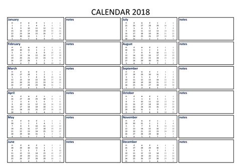 Free 2018 Calendar Excel Template A3 With Notes Templates At