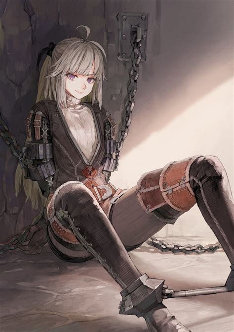 safebooru 1girl against wall ahoge arms behind back belt blonde hair boots bound chains cross