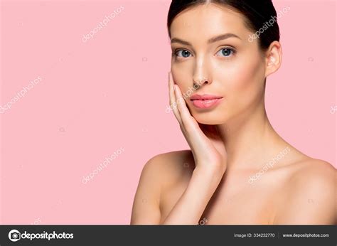 Portrait Beautiful Nude Girl Clean Face Isolated Pink Stock Photo By