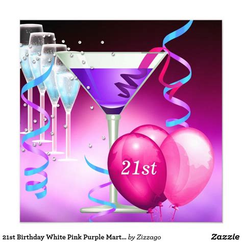 21st Birthday White Pink Purple Martini Balloons Invitation Balloon Invitation